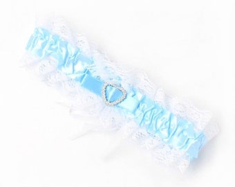 Blue ribbon and white lace garter with centre heart detail brides garter, something blue , hen party garter