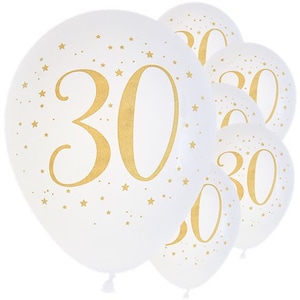 30th Balloons White & Gold Sparkle 30th Balloons - 9" Latex pack of 8