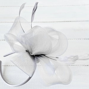 Silver Grey Net and Feather Loops Design Fascinator set on co-ordinating Ribbon Wrapped Headband - Weddings, Proms etc.