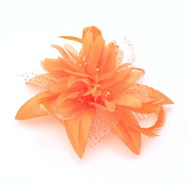 Orange flower and feather fascinator on a clear comb