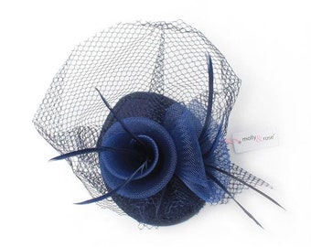 Navy fascinator small skull cap with clip fastener