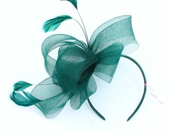 Forest Green looped net and feather fascinator on an aliceband fitting