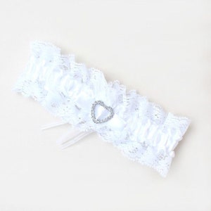 Garter White ribbon and lace garter with centre heart detail wedding garter brides garter