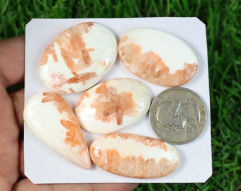 AAA Scolecite Cabochon 5 Pieces 172 Carat Top Quality Orange Scolecite Natural Stone Handmade Mix Shape Scolecite, Handmade Making Scolecite