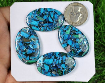 Blue Copper Turquoise Gemstone, 4 Pieces 126 Carat, Oval Shape Turquoise Stone, Back Side Flat Turquoise Lot, Arizona Turquoise Cabochon Lot