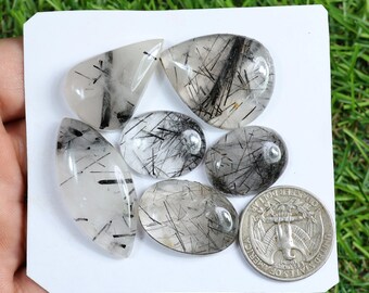 Natural Black Rutile Gemstone, 6 Pieces 170 Carat, Mix Shape Rutile Gemstone, Top Crystal Black Rutilated Quartz Cabochon, Loose Gemstone