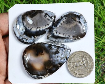 100% Natural Black Dendrite Agate Gemstone, 3 Pieces 160 Carat, Gorgeous Dendrite Gemstone, AAA Dendritic Cabochon, Handmade Dendrite Stone