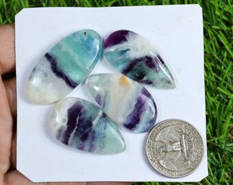 Amazing Fluorite Cabochon, 4 Pieces 140 Carat, Natural Fluorite Gemstone, Hand Polished Fluorite Lot, Silver Jewelry Making Crystal Fluorite