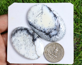 Natural White Dendrite Agate Cabochon Lot, 2 Pieces 145 Carat, Flatback Dendrite Cabochon, Handmade Dendrite Stone Polished Dendrite Crystal