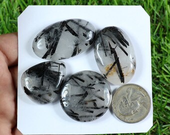 Top Natural Black Rutile Cabochon Stone, 4 Pieces 235 Carat, Semi Precious Black Rutile Stone For Jewelry Making, Anniversary Gifts #NG-6541