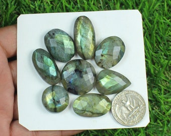 Faceted Green Labradorite Gemstone 8 Pieces 200 Carat, Wholesale Labradorite Lot, Flashy Checker Cut Labradorite Lot, Crystal Labradorite