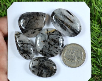 Crystal Black Rutile Gemstone, 5 Pieces 225 Carat 31x21 mm, Mix Shape Rutile Cabochon, Natural Rutile Stone, Handmade Rutile Quartz Gemstone