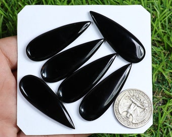 Natural Black Onyx Gemstone, 6 Pieces 130 Carat, Amazing Long Pear Black Onyx Cabochon, Handmade Onyx Lot, Crystal Onyx Gemstone For Jewelry