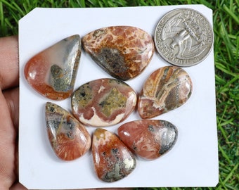 Rare Rhodochrosite Gemstone Lot, 7 Pieces 175 Carat, Natural Rhodochrosite Cabochon, Silver Jewelry, Loose Gemstone, Marcasite Rhodochrosite