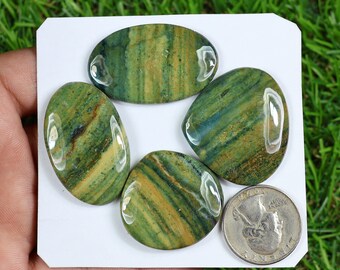 Natural Green Larsonite Gemstone, 4 Pieces 190 Carat, Handmade Larsonite Cabochon, Back Side Flat Larsonite Lot, Polished Larsonite Crystals
