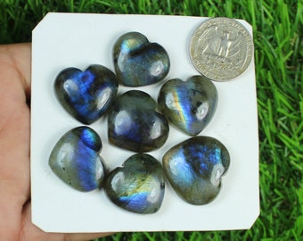 Blue Heart Labradorite Gemstone 7 Pcs 205 Crt. Natural Blue Labradorite Heart Gemstone, Loose Heart Cabochon, Polished Labradorite Wholesale