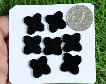 Natural Flower Black Onyx Gemstone, 7 Pieces 65 Carat, Smooth Onyx Lot, Flatback Onyx Crystal, Handmade Flower Shape Onyx Gemstone Jewelry