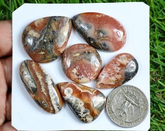 Natural Rhodochrosite Marcasite Gemstone, 6 Pieces 260 Carat, Handmade Rhodochrosite Stone, Flatback Rhodochrosite Cabochon, Jewelry Making