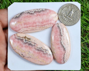 AAA Natural Pink Rhodochrosite Gemstone, 3 Pieces 230 Carat, Amazing Long Oval Rhodochrosite Cabochon Lot, Handmade Flatback Rhodochrosite