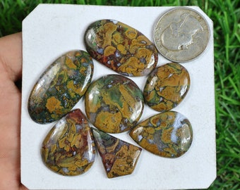 Rhyolite Gemstone, 7 Pieces 127 Carat Natural Rhyolite Cabochon, Natural Stone Rainforest Jasper, Mix Shape Rhyolite Jasper Gemstone Jewelry
