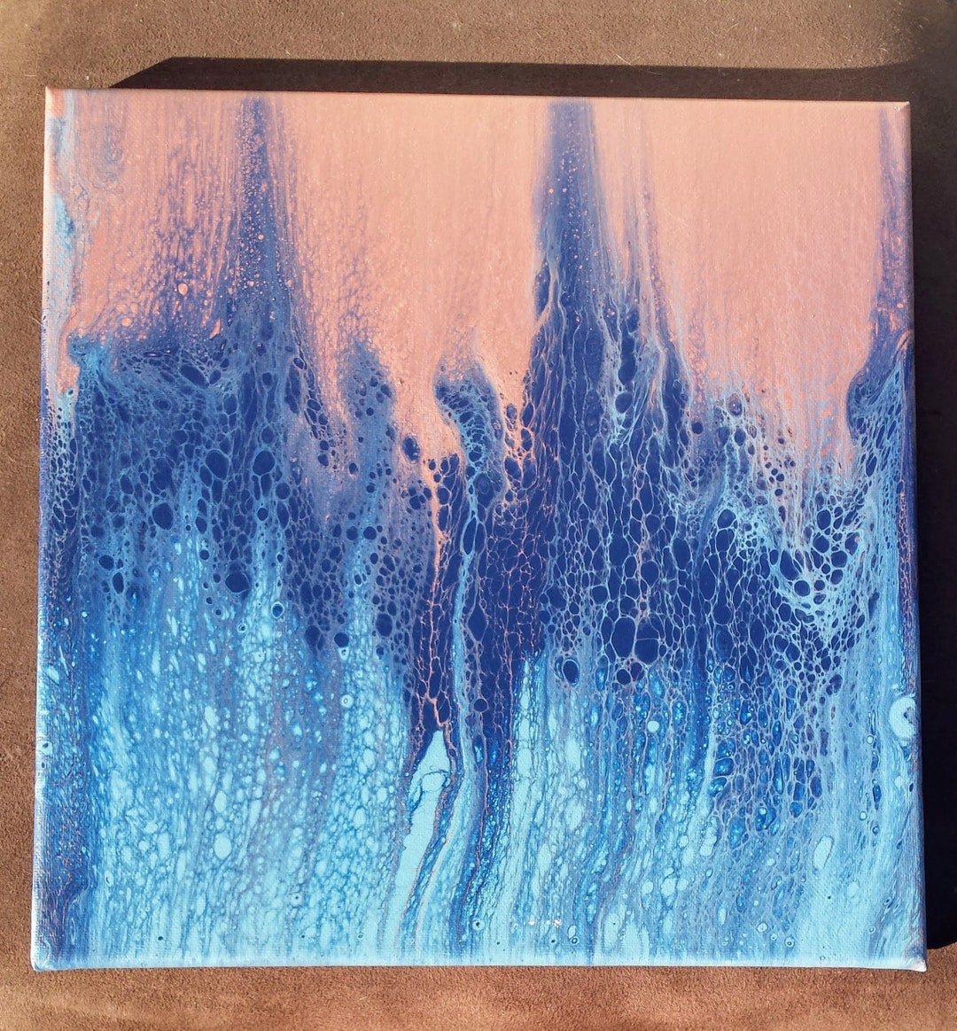 Acrylic Pour Painting, Wall Art, Original Art, Rose Gold Art, Dark Blue