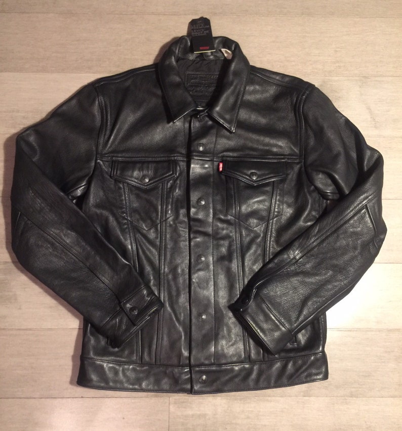 New Levis Buffalo Leather Black Trucker Jacket Um Image 0