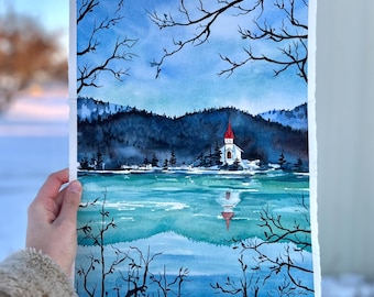 Paisaje invernal de Quebec, acuarela original