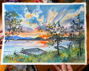 Puesta de sol sobre el lago Flathead - Acuarela
