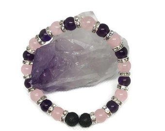 Lava beaded diffuser bracelet with rose quartz, amethyst beads and sparkly diamond spacers, essential oil diffuser bracelet, add a charm