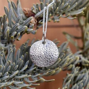 May include: A silver pendant necklace with a textured, circular charm. The pendant hangs from a delicate chain and is displayed against a backdrop of blue-green pine needles and a brown wooden surface. The pendant's diameter is approximately 1 inch.