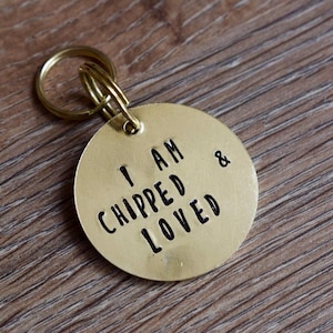I Am Chipped and Loved-tag, huisdier-ID-tag, gepersonaliseerd hondenpenning, aangepast huisdiertag, huisdieraccessoires, cadeau hondenliefhebber