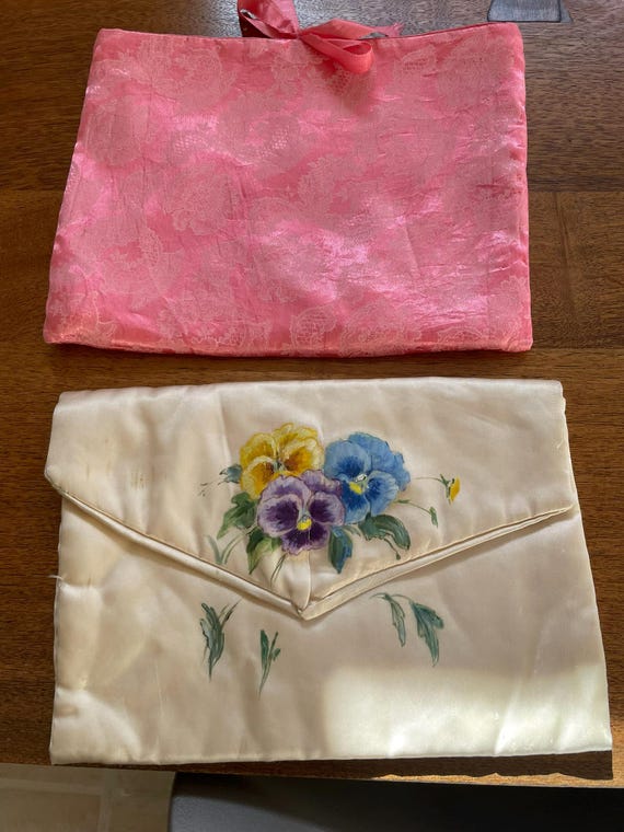 Free US ship Vintage lot of 2 lingerie, stocking holder, bag, satchel, one satin, painted pansy’s, one Schiaparelli brand