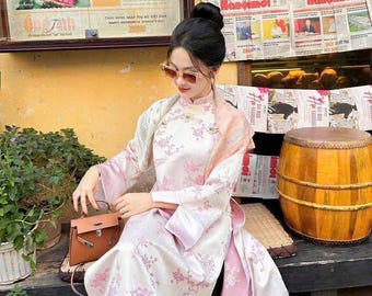 ao dai Gam hard  in light blue| pink| cream | with voan sleeves