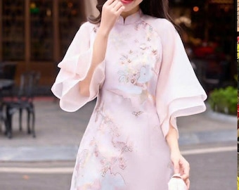 ao dai Gam hard  in light blue| pink| cream | with voan sleeves