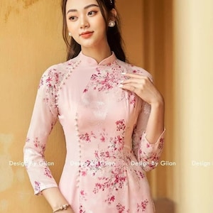 Pre-made: Vietnamese traditional dress with pearls small flowers green/light pink/yellow/red/purple --with pants--ready to ship