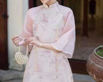 ao dai Gam hard  in light blue| pink| cream | with voan sleeves
