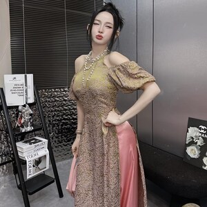 Sleeveless ao dai red| Gam with flower pattern| Ao dai yếm Women with pants| Lunar new year green/pink pants