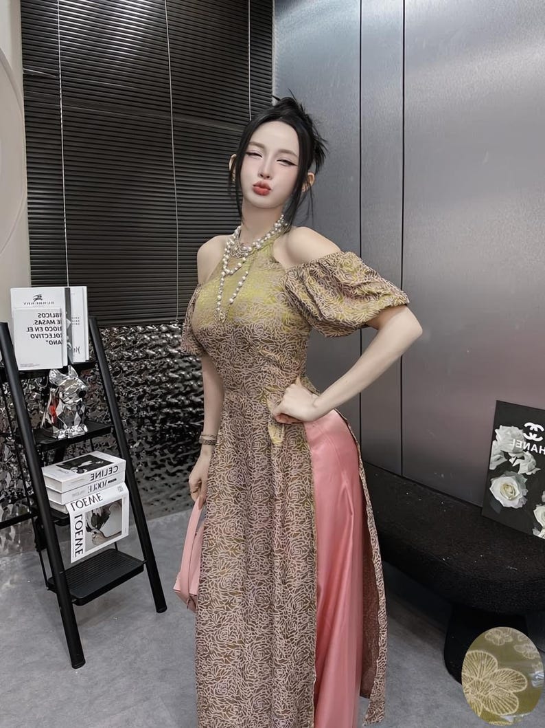Sleeveless ao dai red| Gam with flower pattern| Ao dai yếm Women with pants| Lunar new year green/pink pants