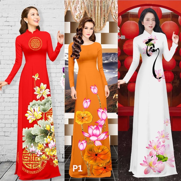 Vietnamese Ao Dai for Women 3d lotus flowers print(with pants), Ao Dai for Girls, Ao Dai for Women, Ao Dai Viet Nam 3D print-ready to ship
