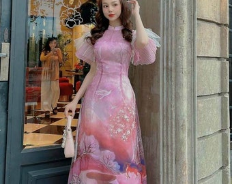 Pre-made: multi pink Vietnamese aodai 4 layers dress ruffle sleeves (aodai tay canh tien)--Dress only - ready to ship