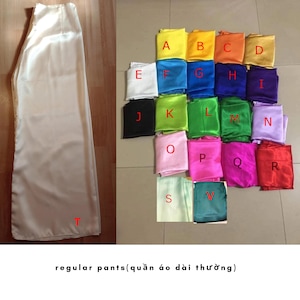 May include: A pair of white satin trousers is shown alongside a selection of coloured satin fabric swatches, each labelled with a letter from A to V. The text at the bottom reads "regular pants".