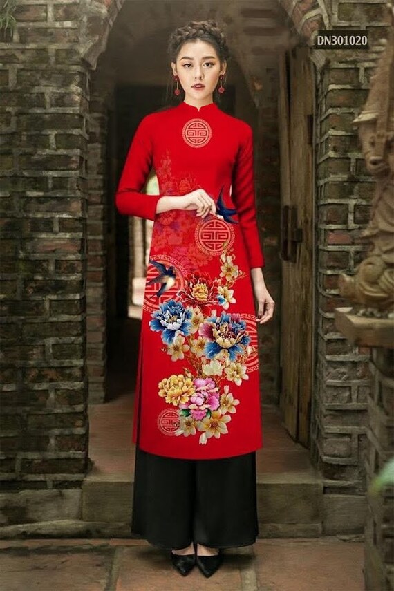 Ao Dai All Size Traditional Vietnamese Long Dress Collections with Pants Silk 3D ADVN00682 Ao Dai All Size Traditional Vietnamese Long Dress Collections with Pants Silk 3D ADVN00682