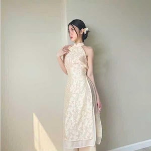 Sleeveless ao dai red| Gam with flower pattern| Ao dai yếm Women with pants| Lunar new year cream white set