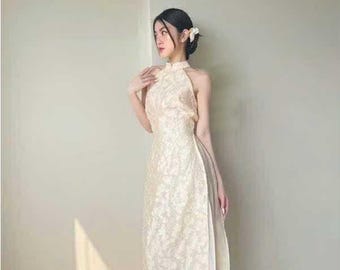 Sleeveless ao dai red| Gam with flower pattern| Ao dai yếm Women with  pants| Lunar new year