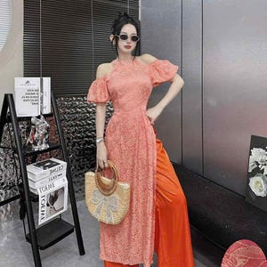 Sleeveless ao dai red| Gam with flower pattern| Ao dai yếm Women with pants| Lunar new year orange/orange pants