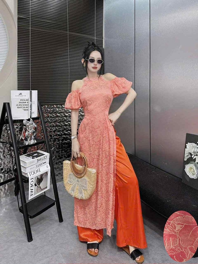 Sleeveless ao dai red| Gam with flower pattern| Ao dai yếm Women with pants| Lunar new year orange/orange pants