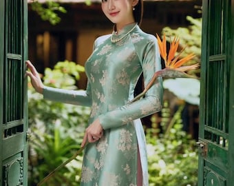 Premade Vietnamese traditional Ao Dai soft silk Gam  for Women | bridesmaid | girl with long sleeves and colar