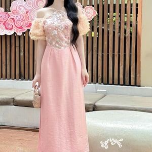 Sleeveless ao dai red| Gam with flower pattern| Ao dai yếm Women with pants| Lunar new year lite pink sequence