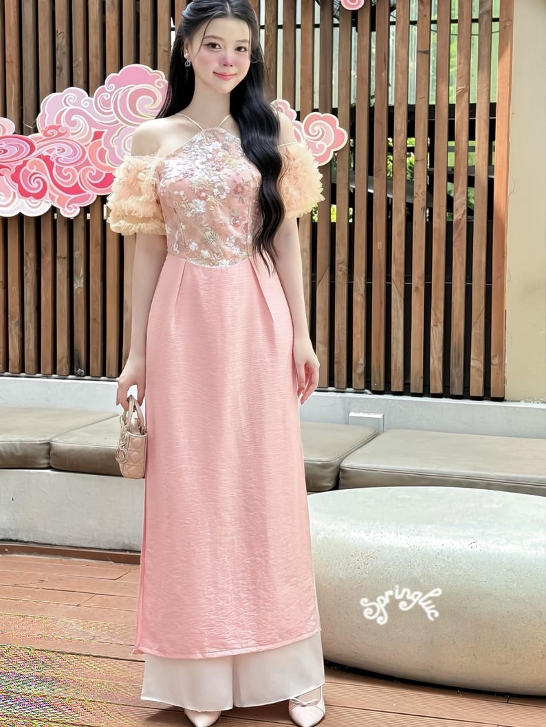 Sleeveless ao dai red| Gam with flower pattern| Ao dai yếm Women with pants| Lunar new year lite pink sequence