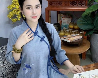 Premade emboidery Zen | Tai Chi | Meditation Clothing Cotton  in grey| brown| dark blue| pink  pajamas(do bo phat tu, do phap phuc)
